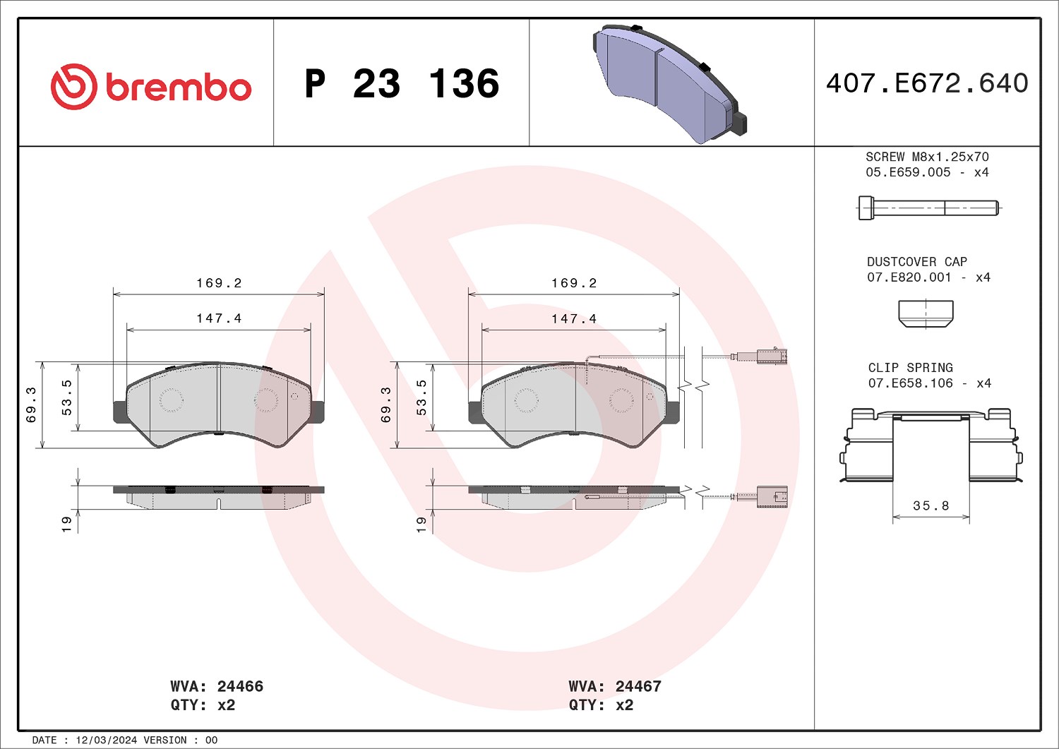 Brembo Bremsbelagsatz, Scheibenbremse [Hersteller-Nr. P23136] für Fiat, Peugeot, Opel, Vauxhall, Citroën