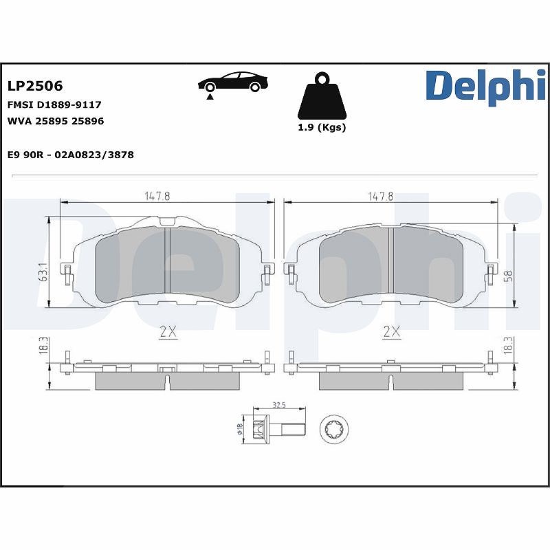 Delphi Bremsbelagsatz, Scheibenbremse [Hersteller-Nr. LP2506] für Toyota, Peugeot, Opel, Vauxhall, Citroën