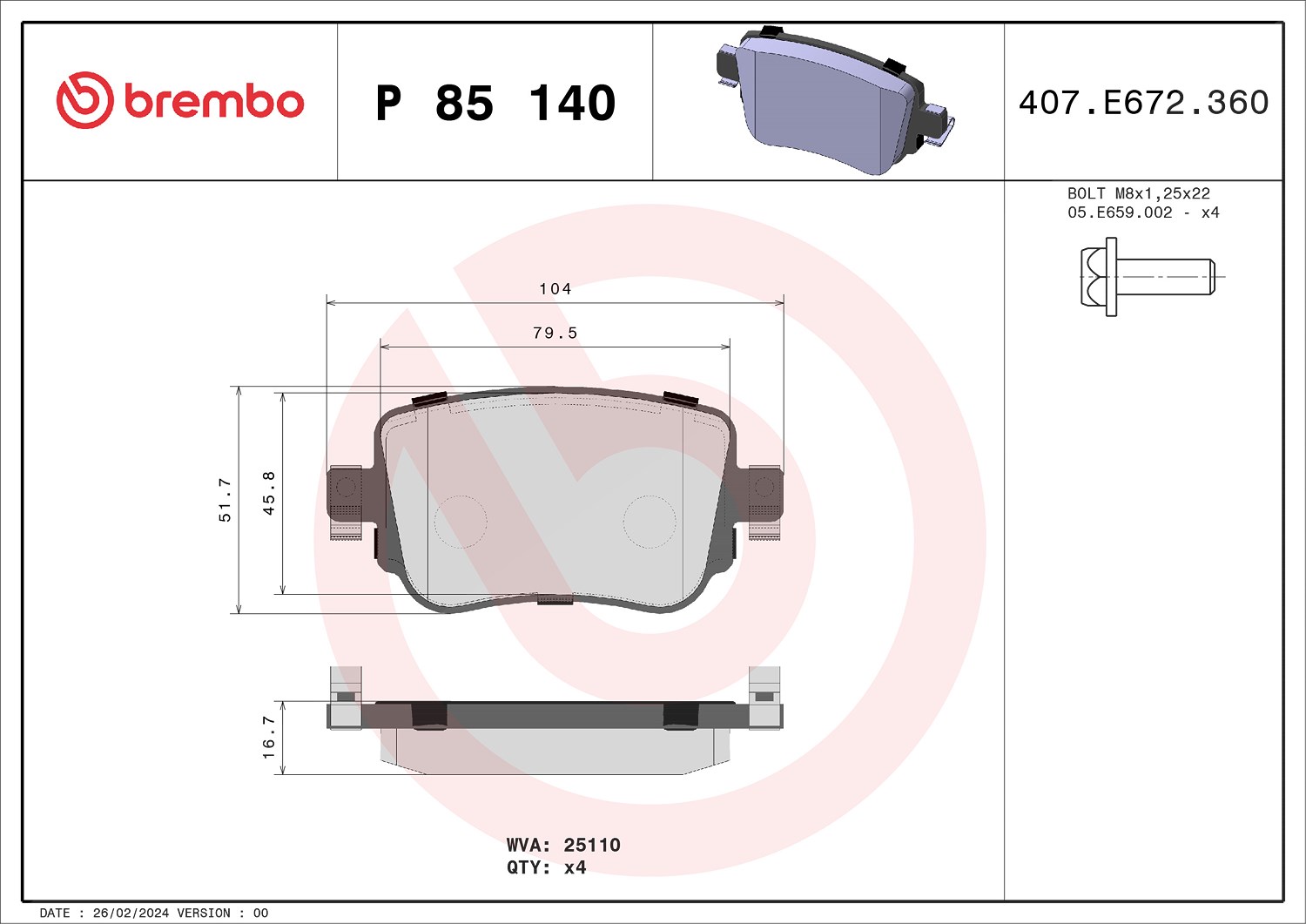 Brembo Bremsbelagsatz, Scheibenbremse [Hersteller-Nr. P85140] für VW, Skoda, Seat, Audi
