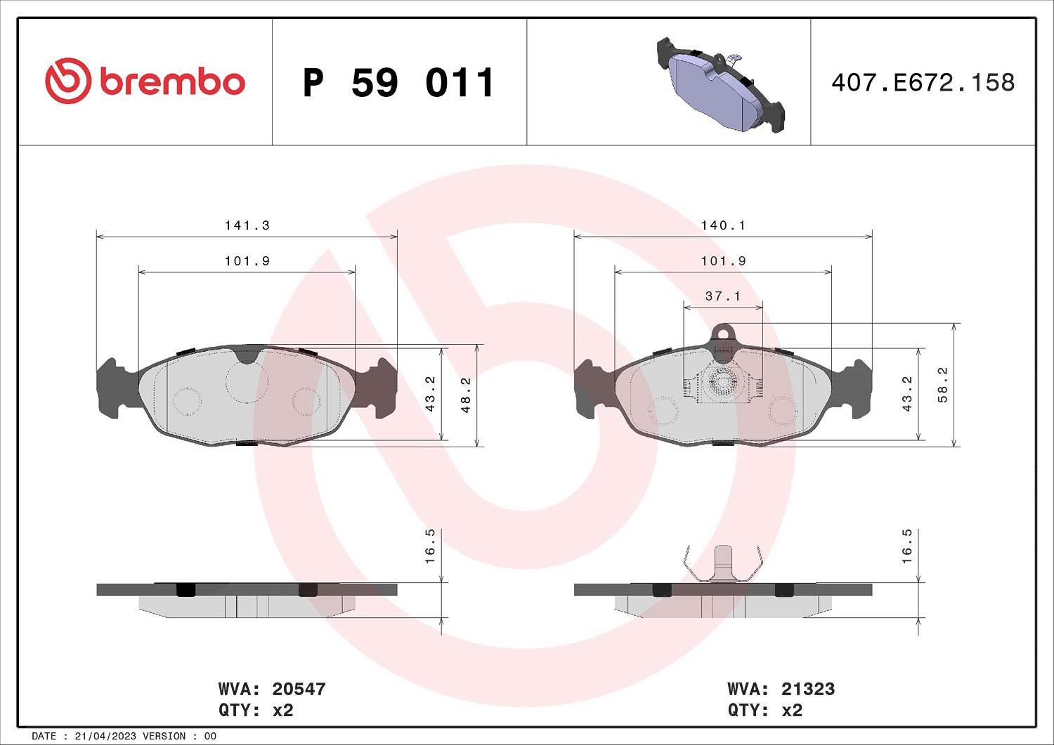 Brembo Bremsbelagsatz, Scheibenbremse [Hersteller-Nr. P59011] für Zaz, Opel, Jaguar, Daewoo, Chevrolet, Vauxhall