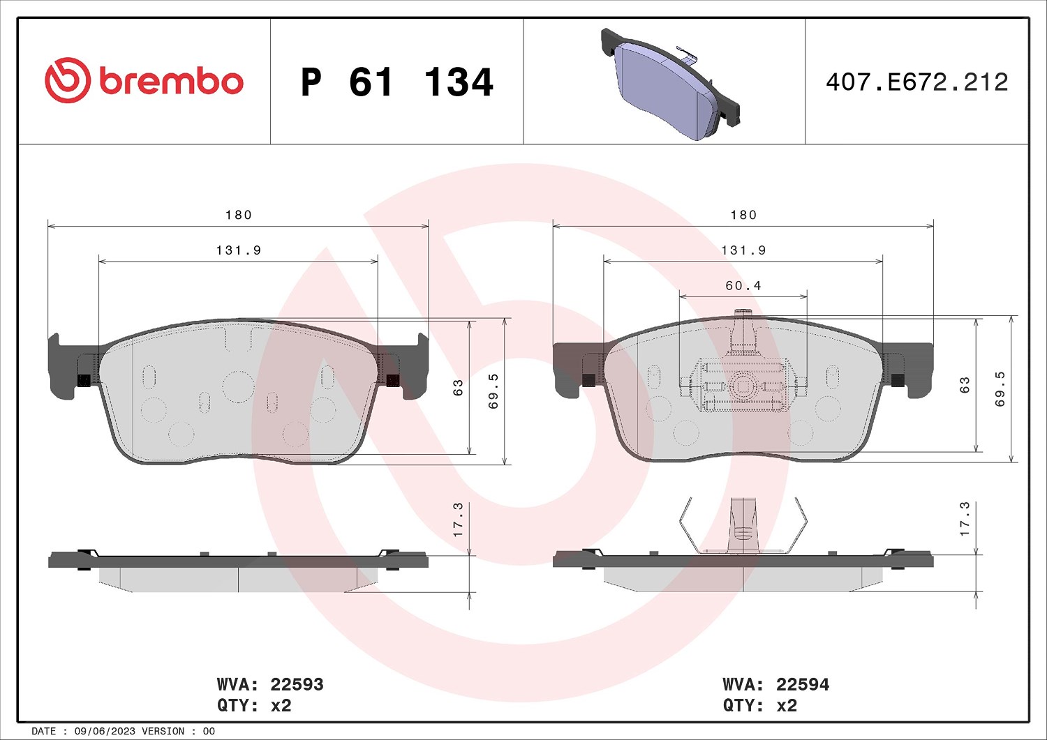 Brembo Bremsbelagsatz, Scheibenbremse [Hersteller-Nr. P61134] für Citroën, Peugeot, Toyota, Fiat, Opel, Vauxhall