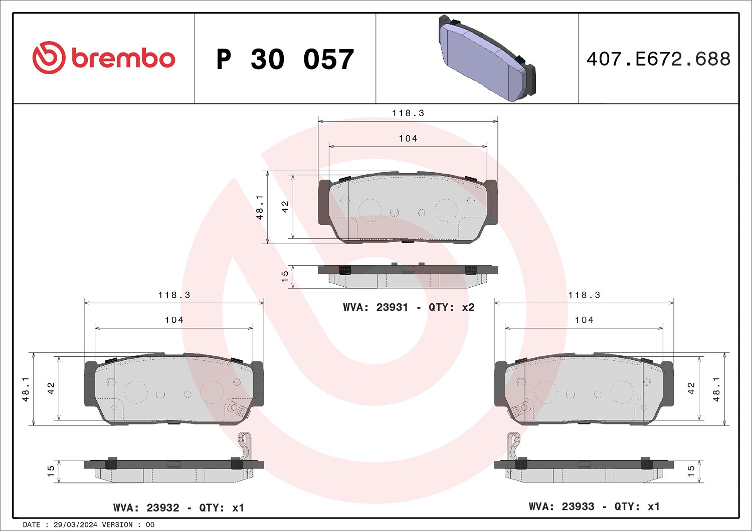 Brembo Bremsbelagsatz, Scheibenbremse [Hersteller-Nr. P30057] für Kia, Ssangyong