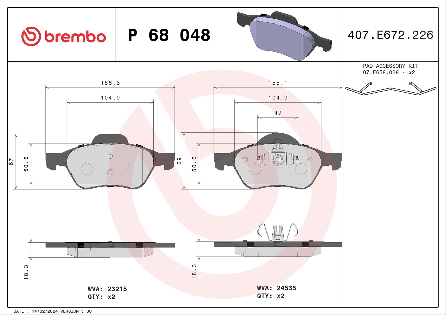 Brembo Bremsbelagsatz, Scheibenbremse [Hersteller-Nr. P68048] für Renault
