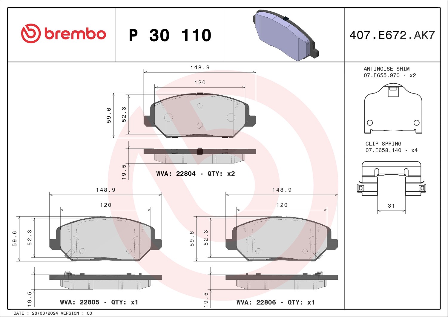 Brembo Bremsbelagsatz, Scheibenbremse P 30 110 Für Hyundai - Bild 9