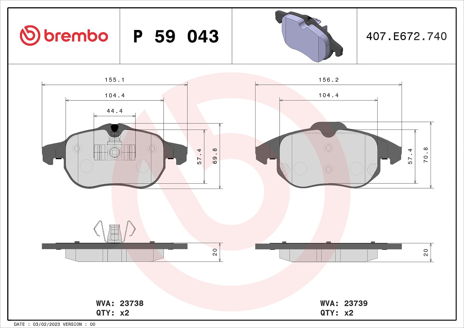 Brembo Bremsbeläge vorne (Satz) [Hersteller-Nr. P59043] für Chevrolet, Cadillac, Fiat, Vauxhall, Opel, Saab