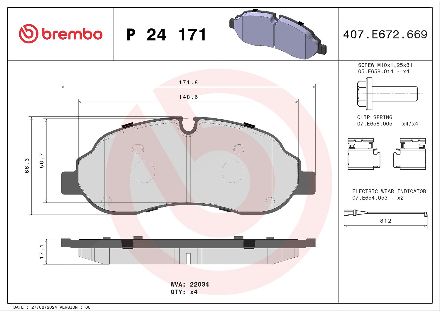 Brembo Bremsbeläge mit VWK vorne (Satz) [Hersteller-Nr. P24171] für Ford