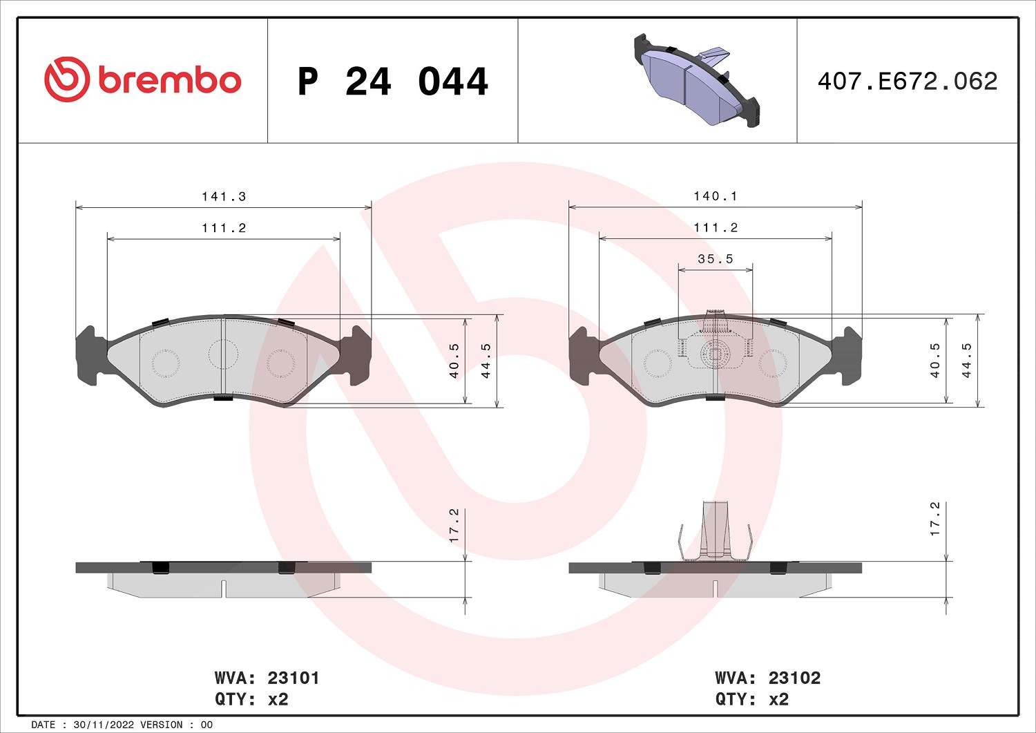 Brembo Bremsbelagsatz, Scheibenbremse [Hersteller-Nr. P24044] für Mazda, Ford