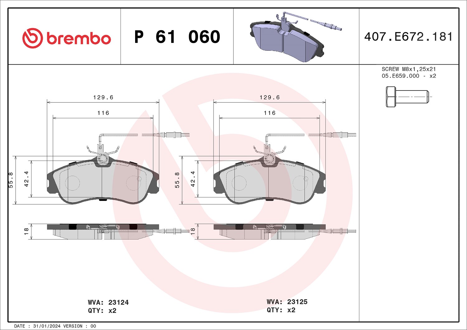 Brembo Bremsbelagsatz, Scheibenbremse [Hersteller-Nr. P61060] für Citroën, Peugeot