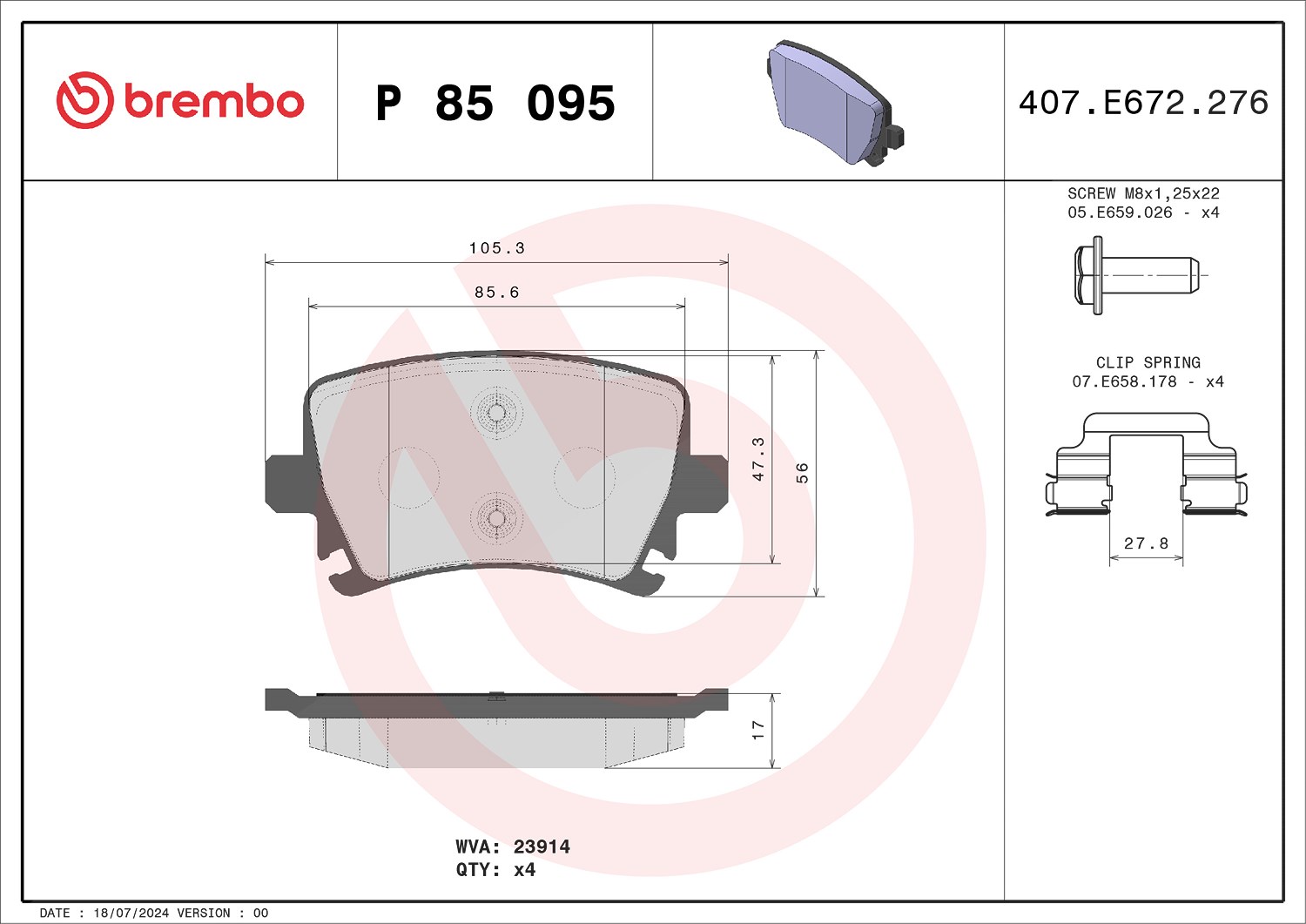Brembo Bremsbelagsatz, Scheibenbremse [Hersteller-Nr. P85095X] für Seat, VW, Audi, Skoda