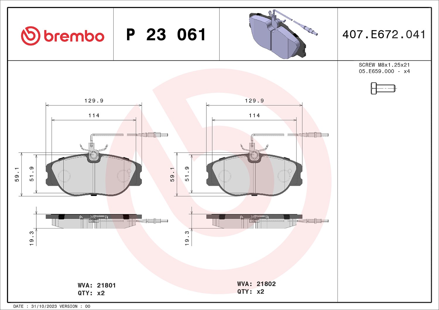 Brembo Bremsbelagsatz, Scheibenbremse [Hersteller-Nr. P23061] für Peugeot, Fiat, Lancia, Citroën