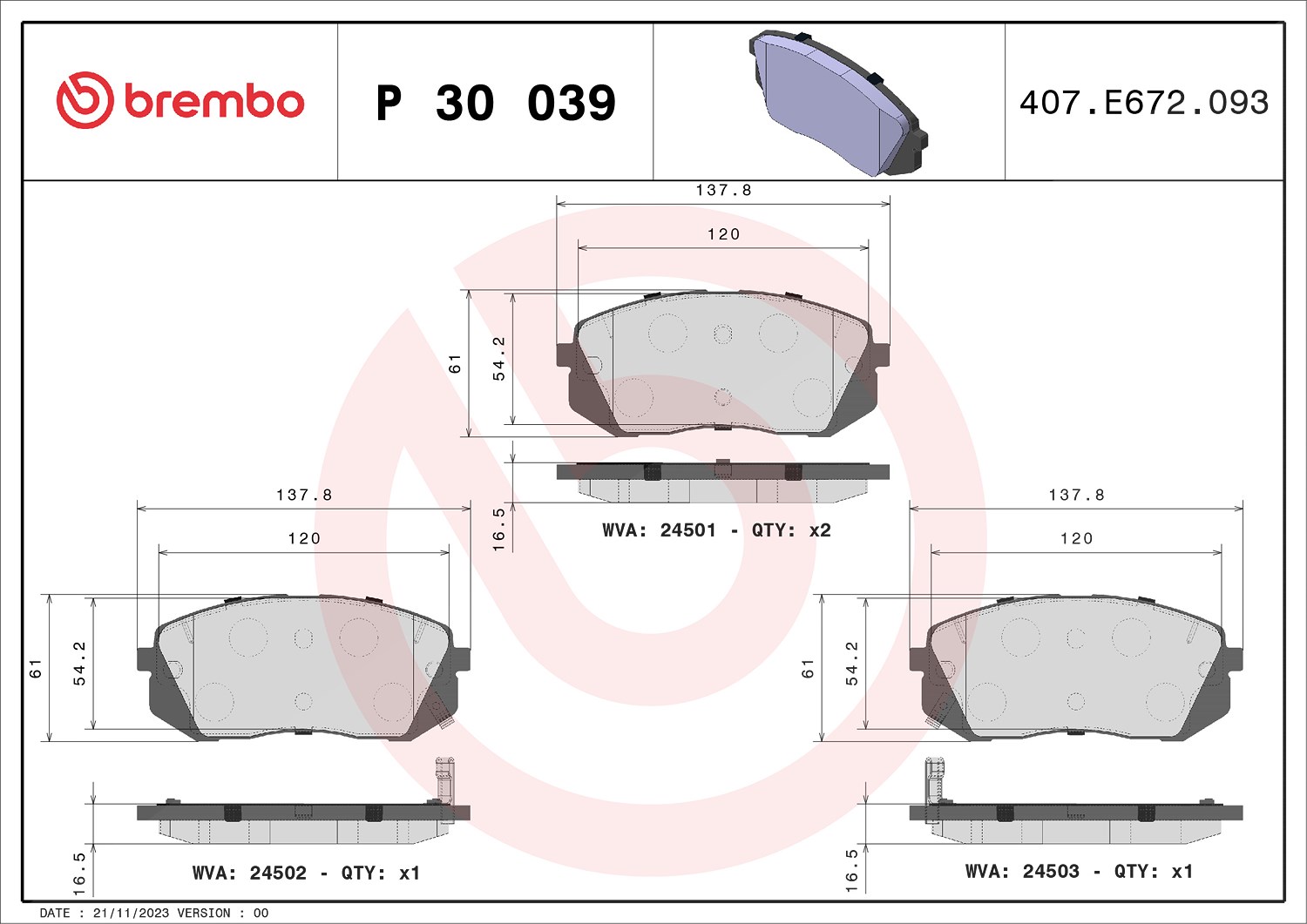 Brembo Bremsbelagsatz, Scheibenbremse [Hersteller-Nr. P30039] für Hyundai, Kia
