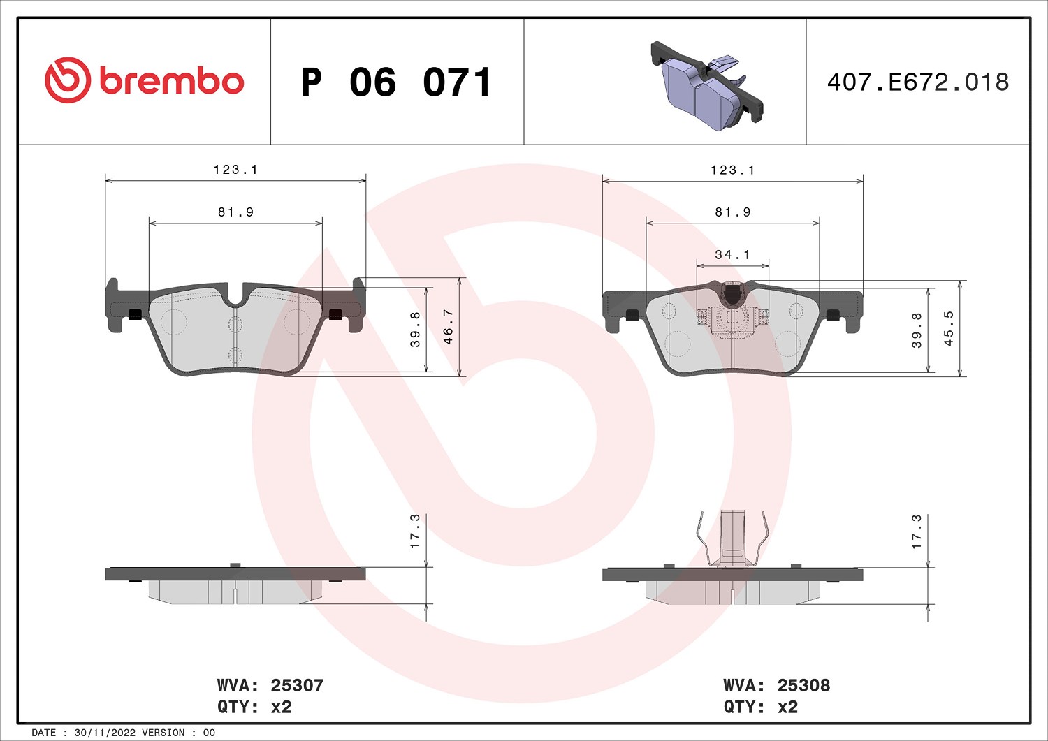 Brembo Bremsbelagsatz, Scheibenbremse [Hersteller-Nr. P06071X] für BMW