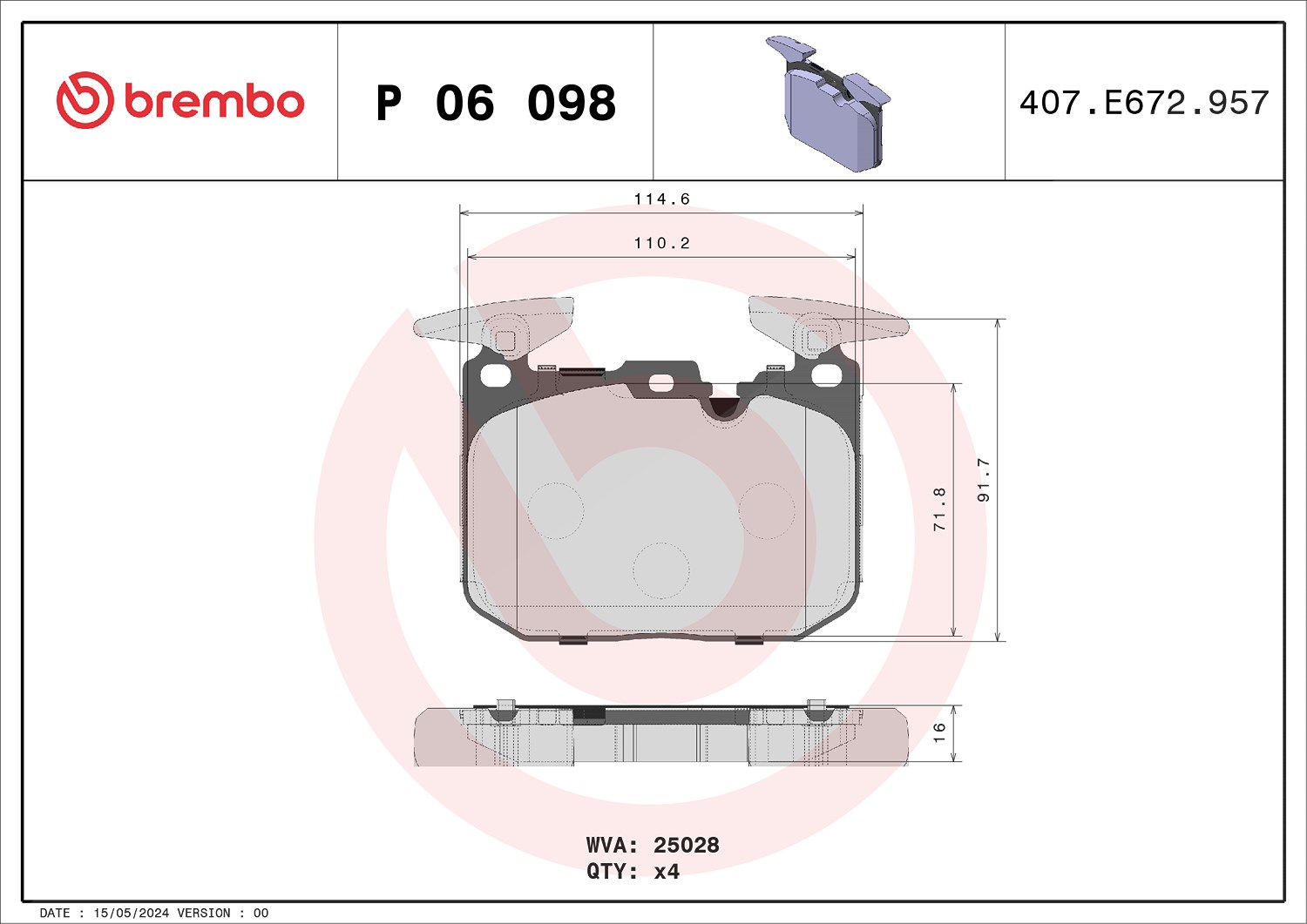 Brembo Bremsbelagsatz, Scheibenbremse [Hersteller-Nr. P06098] für Mini, BMW