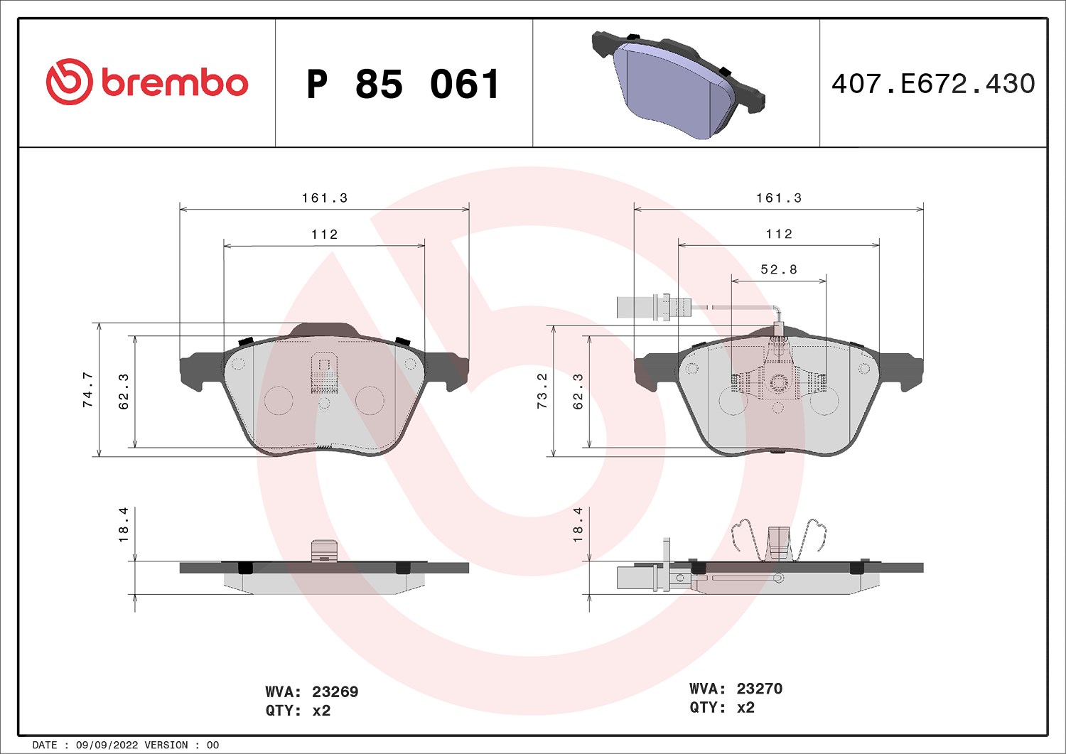 Brembo Bremsbeläge vorne (Satz) mit VWK [Hersteller-Nr. P85061] für Ford, VW, Seat