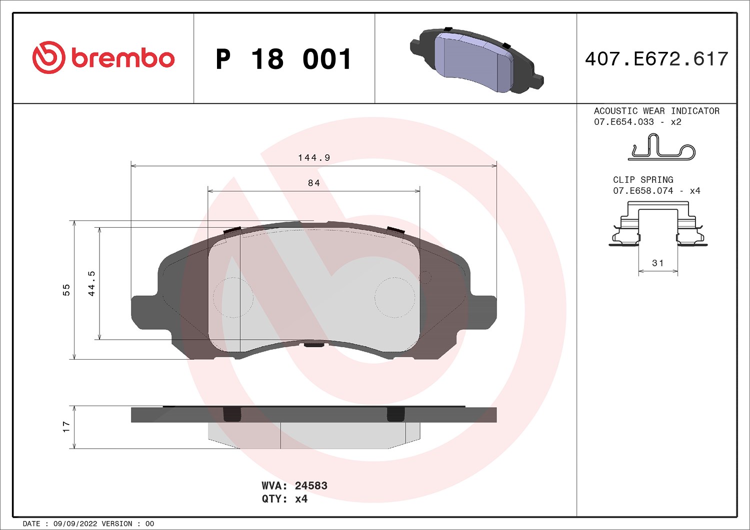 Brembo Bremsbeläge vorne (Satz) [Hersteller-Nr. P18001] für Jeep, Chrysler, Dodge, Mitsubishi