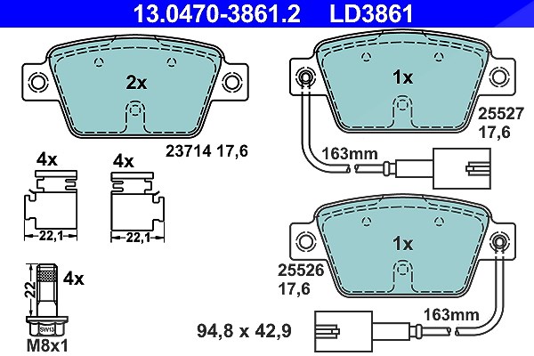 Ate CERAMIC Bremsbelagsatz mit Warnkontakt hinten [Hersteller-Nr. 13.0470-3861.2] für Lancia, Fiat, Alfa Romeo, Chrysler
