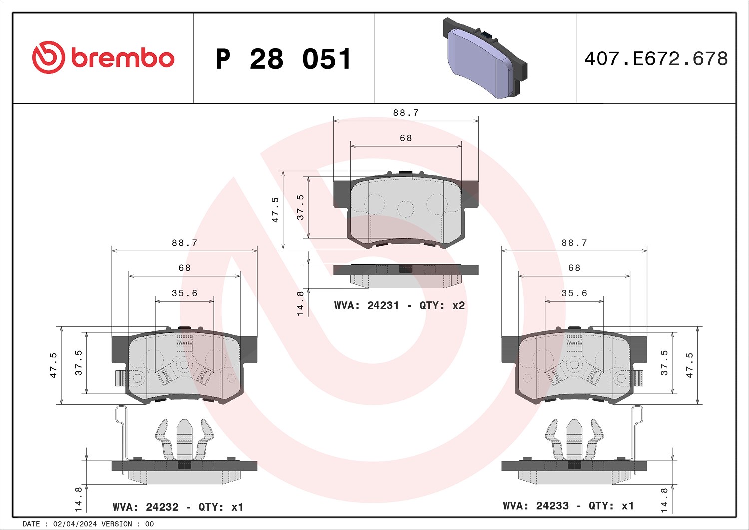 Brembo Bremsbelagsatz, Scheibenbremse [Hersteller-Nr. P28051] für Acura, Honda