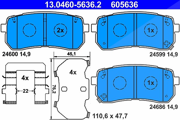 Ate Bremsbelagsatz, Scheibenbremse [Hersteller-Nr. 13.0460-5636.2] für Kia, Hyundai