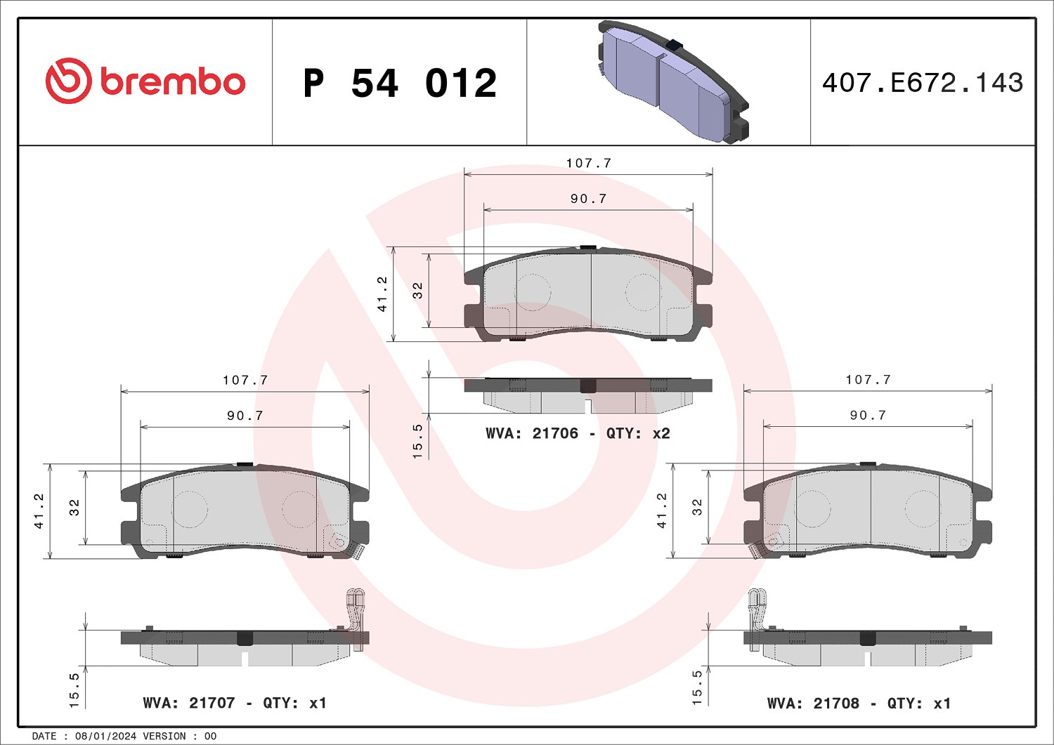 Brembo Bremsbelagsatz, Scheibenbremse [Hersteller-Nr. P54012] für Chrysler, Hyundai, Mitsubishi