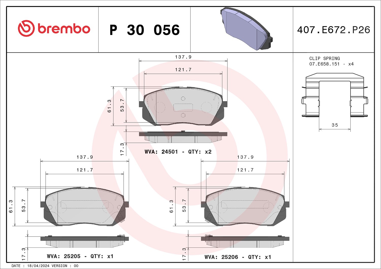 Brembo Bremsbeläge vorne (Satz) [Hersteller-Nr. P30056X] für Hyundai, Kia