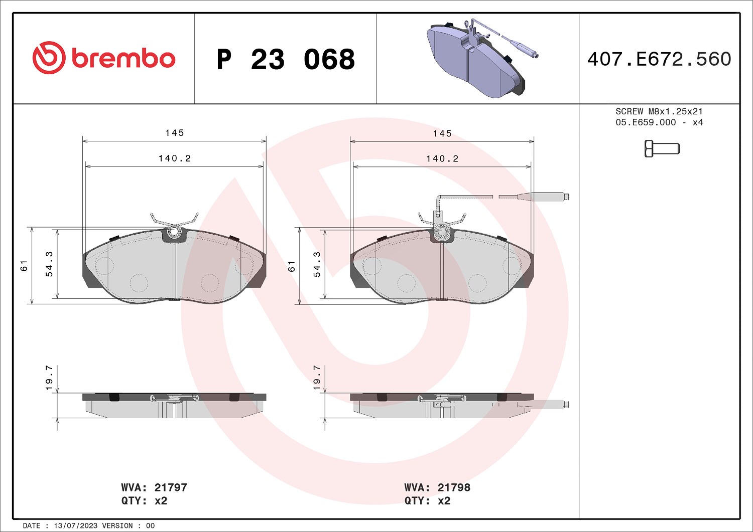 Brembo Bremsbelagsatz, Scheibenbremse [Hersteller-Nr. P23068] für Peugeot, Fiat, Citroën