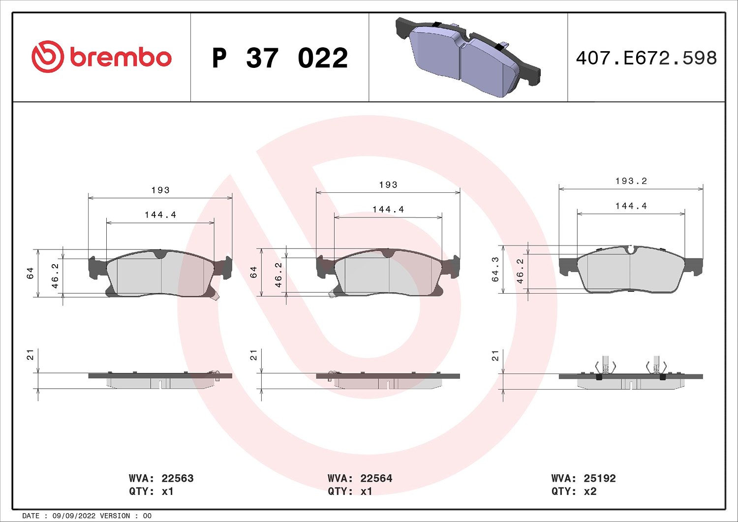 Brembo Bremsbelagsatz, Scheibenbremse [Hersteller-Nr. P37022] für Jeep