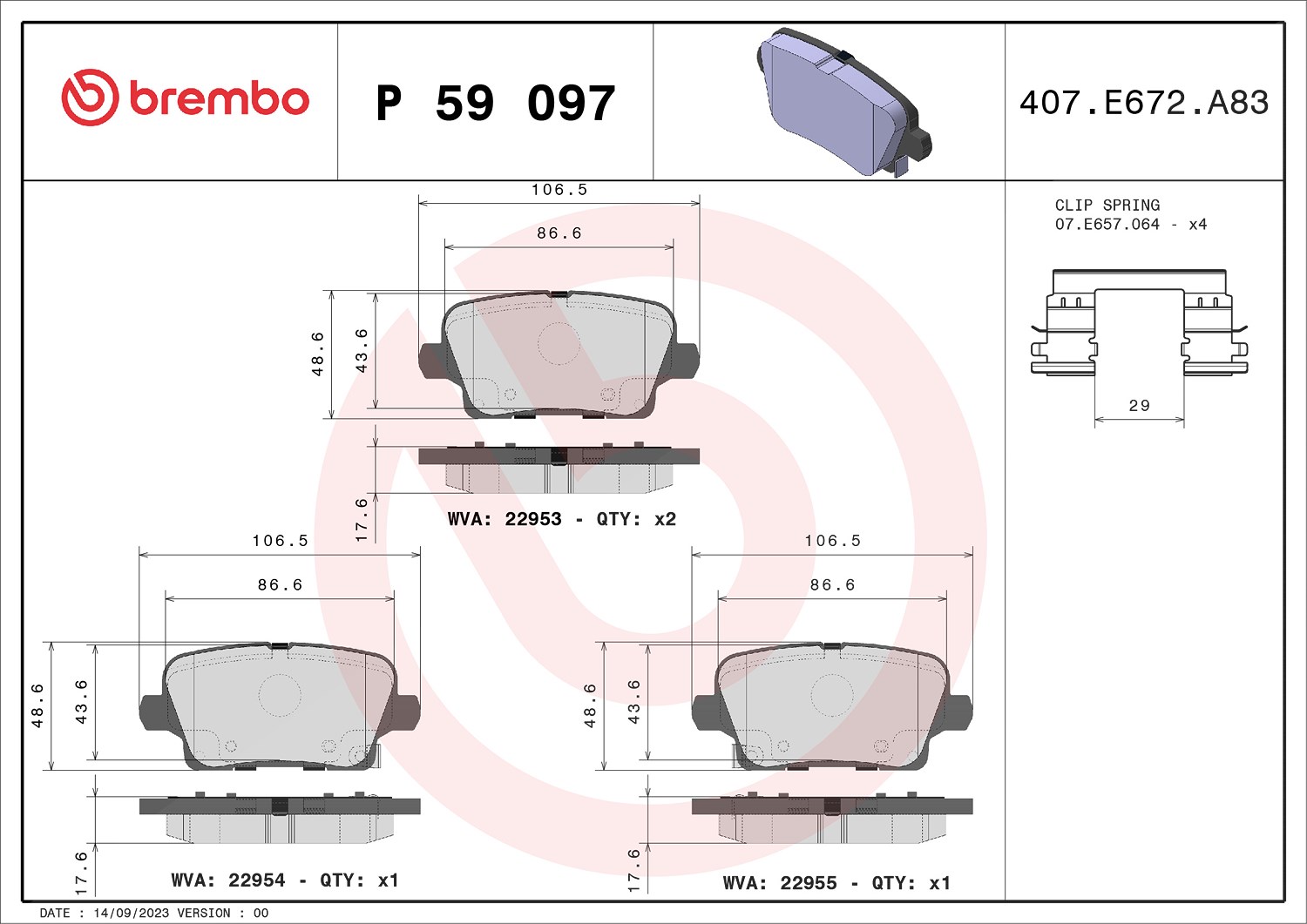 Brembo Bremsbeläge hinten (Satz) [Hersteller-Nr. P59097] für Opel, Vauxhall