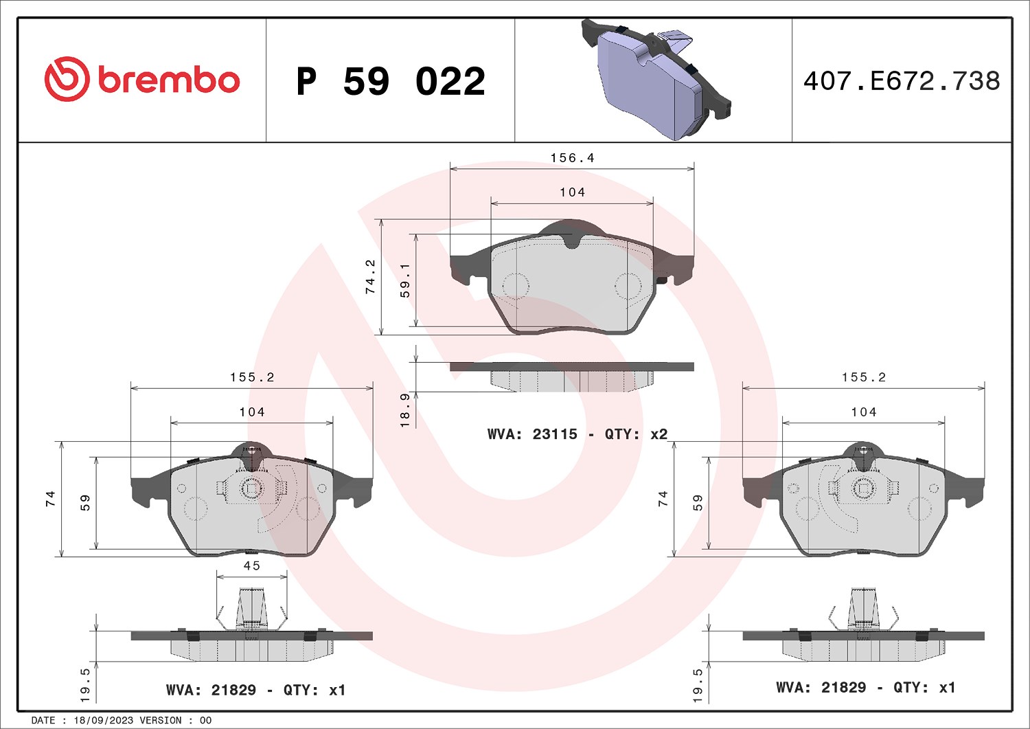 Brembo Bremsbelagsatz, Scheibenbremse [Hersteller-Nr. P59022] für Vauxhall, Chevrolet, Opel, Saab
