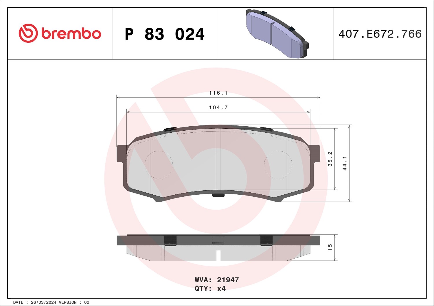 Brembo Bremsbelagsatz, Scheibenbremse [Hersteller-Nr. P83024] für Toyota, Lexus, Mitsubishi