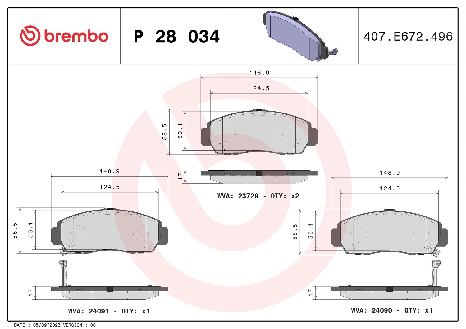 Brembo Bremsbelagsatz, Scheibenbremse [Hersteller-Nr. P28034] für Honda, Nissan, Acura