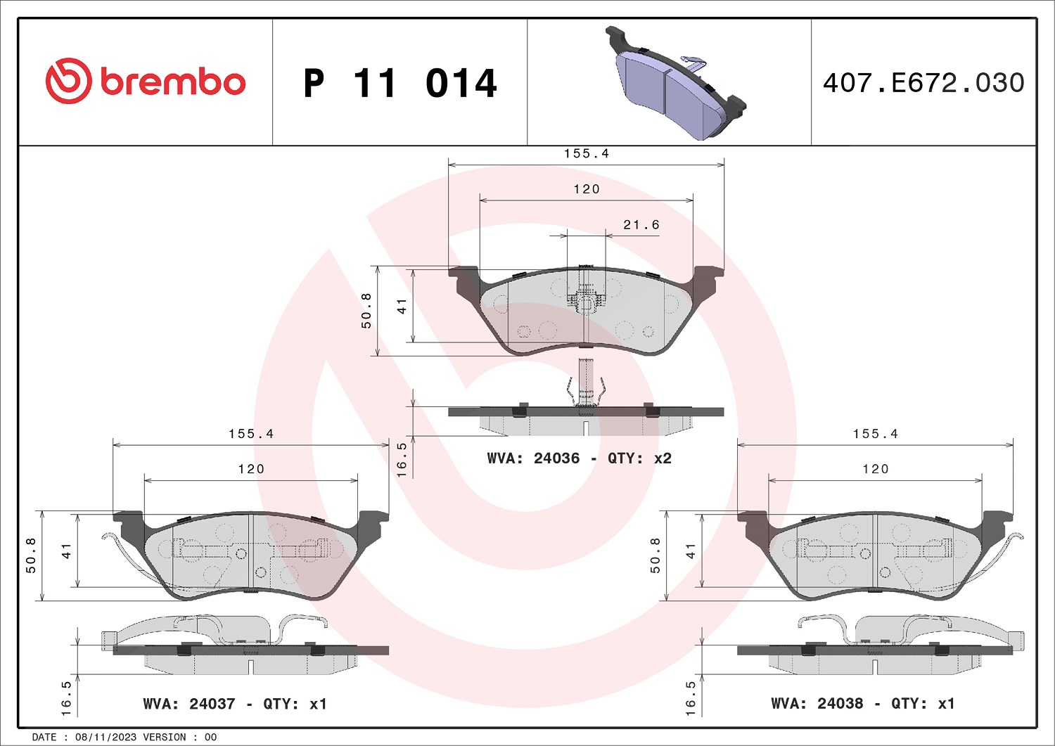 Brembo Bremsbelagsatz, Scheibenbremse [Hersteller-Nr. P11014] für Chrysler, Dodge