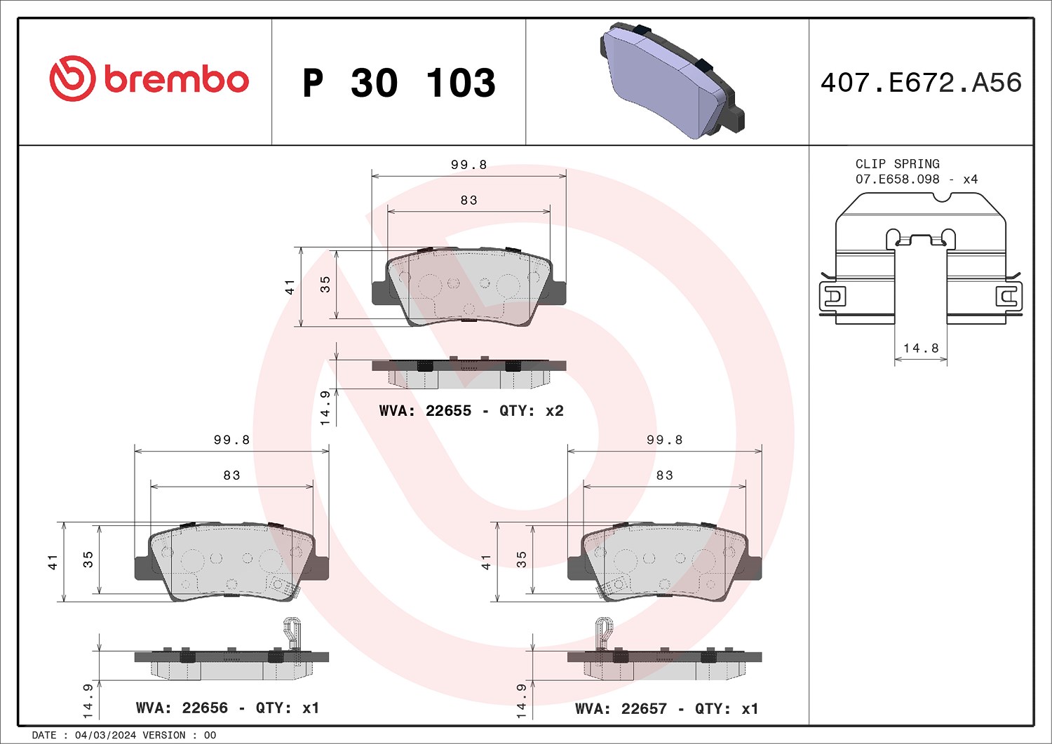 Brembo Bremsbeläge hinten (Satz) [Hersteller-Nr. P30103] für Kia, Hyundai