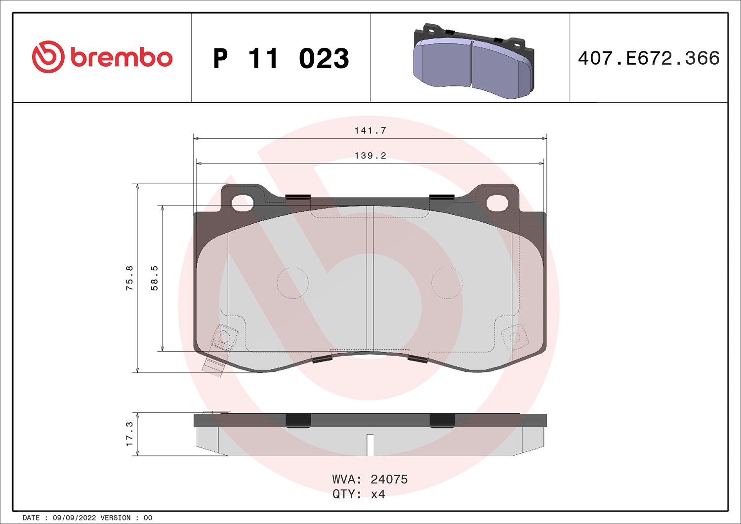 Brembo Bremsbeläge vorne (Satz) [Hersteller-Nr. P11023] für Chrysler, Dodge, Jeep