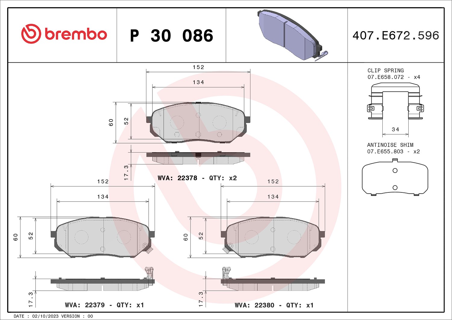 Brembo Bremsbelagsatz, Scheibenbremse [Hersteller-Nr. P30086] für Hyundai, Kia