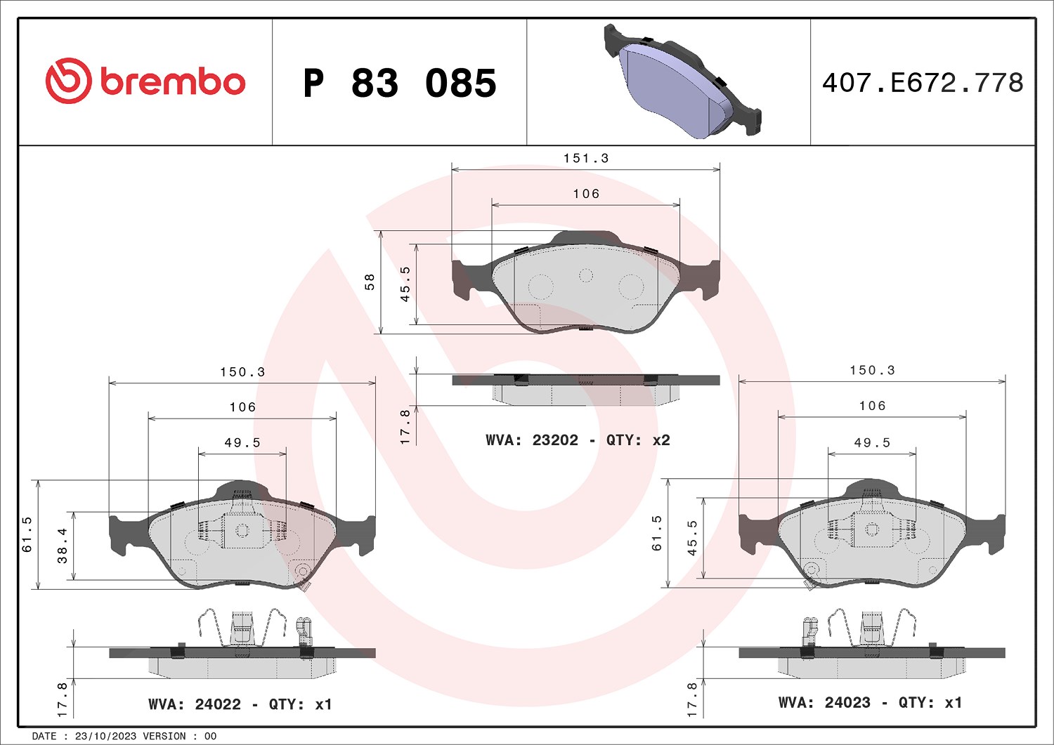 Brembo Bremsbelagsatz, Scheibenbremse [Hersteller-Nr. P83085] für Toyota, Daihatsu