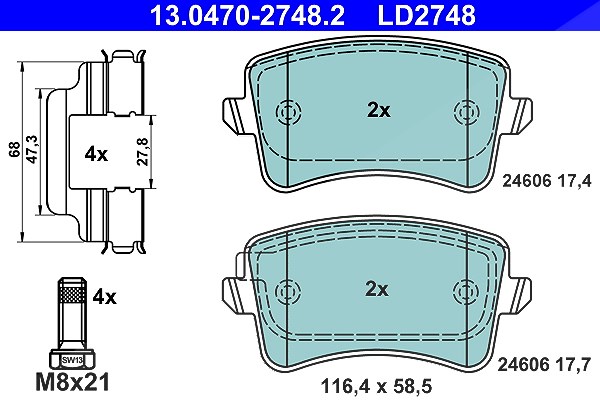Ate CERAMIC Bremsbelagsatz hinten [Hersteller-Nr. 13.0470-2748.2] für VW, Audi