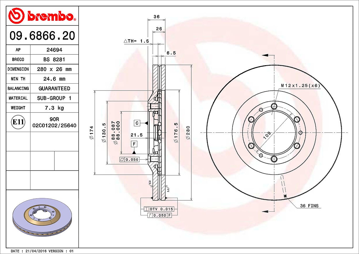 Brembo Bremsscheibe Vorderachse Belüftet [Hersteller-Nr. 09.6866.20] für Isuzu, Opel, Vauxhall