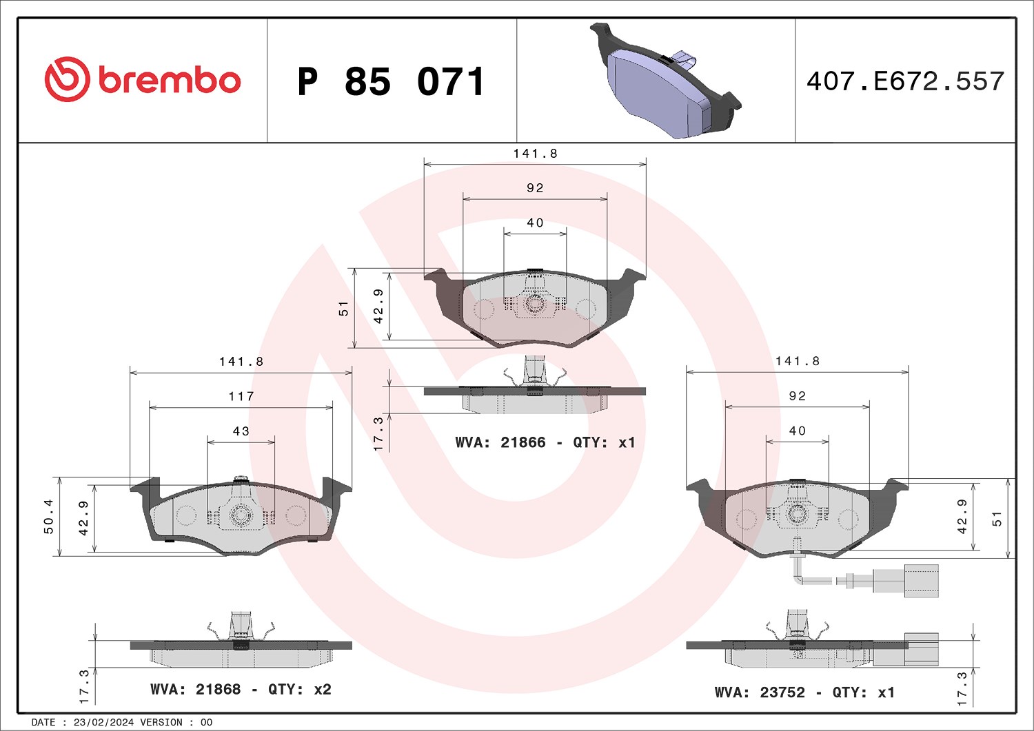 Brembo Bremsbelagsatz, Scheibenbremse [Hersteller-Nr. P85071] für VW, Skoda