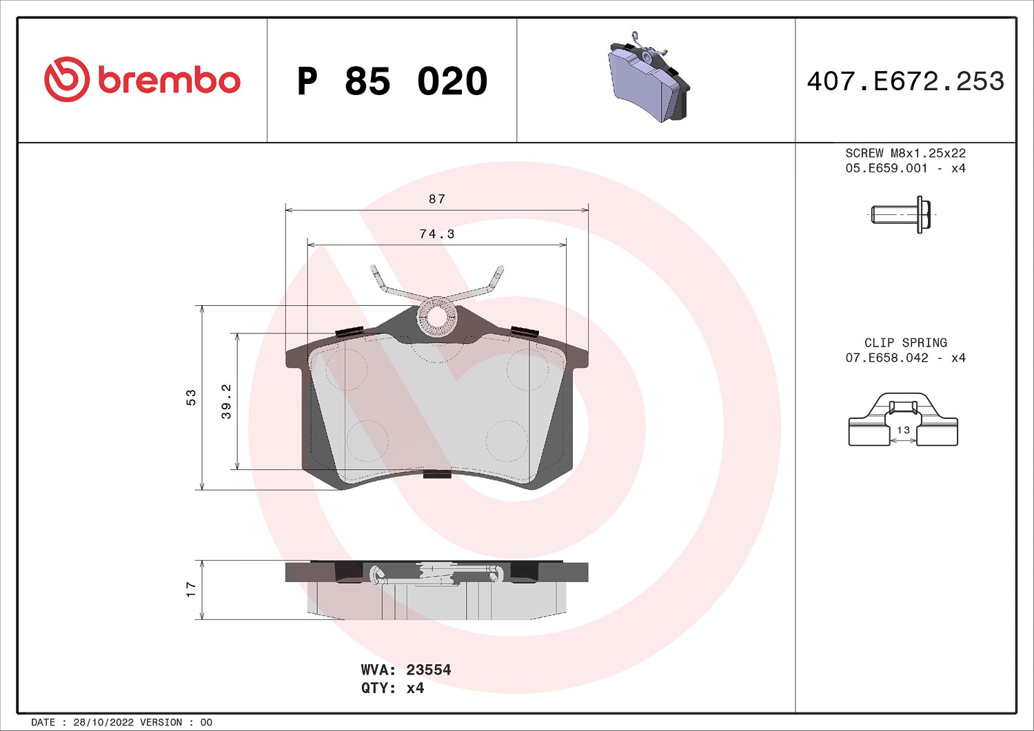 Brembo Bremsbelagsatz, Scheibenbremse [Hersteller-Nr. P85020X] für Shuanghuan, Peugeot, Ds, Skoda, Mg, Audi, Lancia, Renault, Ford, Citroën, Seat, VW,