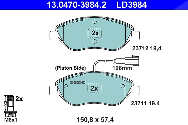Ate CERAMIC Bremsbelagsatz mit Warnkontakt vorne [Hersteller-Nr. 13.0470-3984.2] für Alfa Romeo, Chrysler, Fiat, Lancia