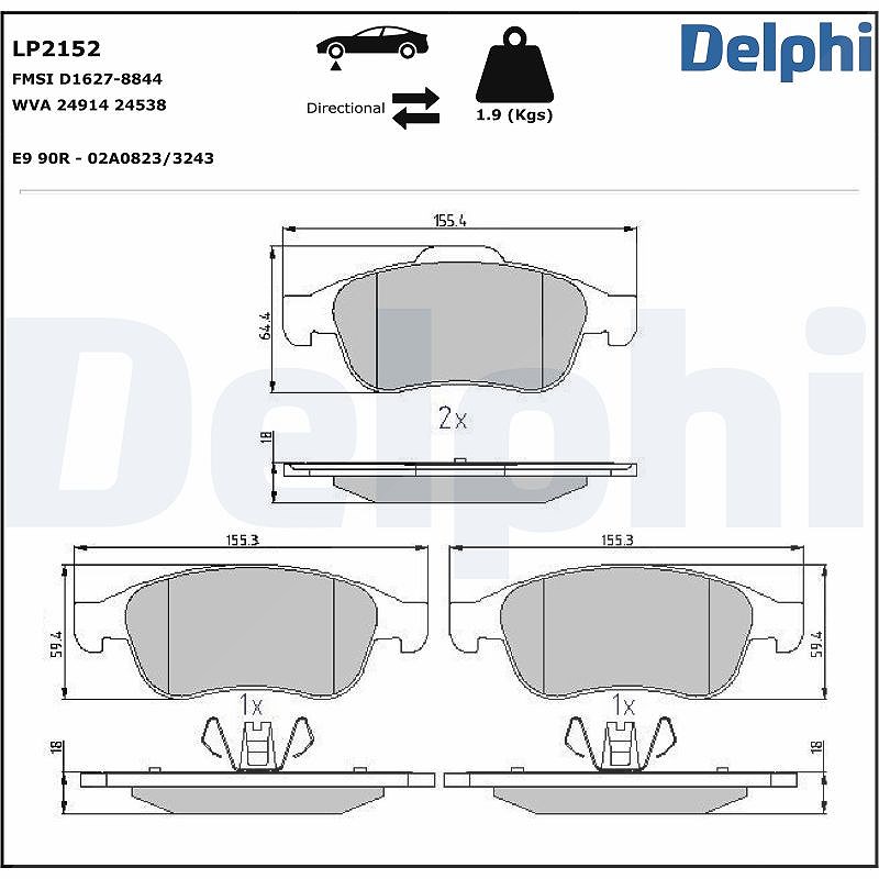 Delphi Bremsbelagsatz, Scheibenbremse [Hersteller-Nr. LP2152] für Fiat, Jeep, Dacia, Nissan, Lamborghini, Mitsubishi, Aston Martin, Renault