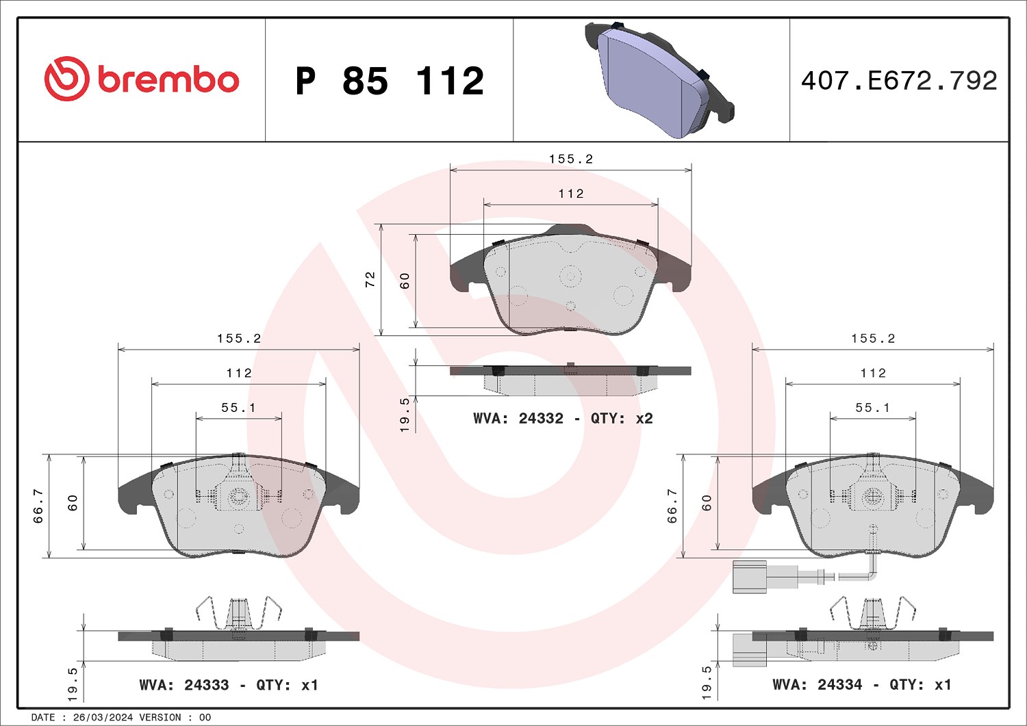 Brembo Bremsbelagsatz, Scheibenbremse [Hersteller-Nr. P85112X] für Audi, Seat, VW, Borgward