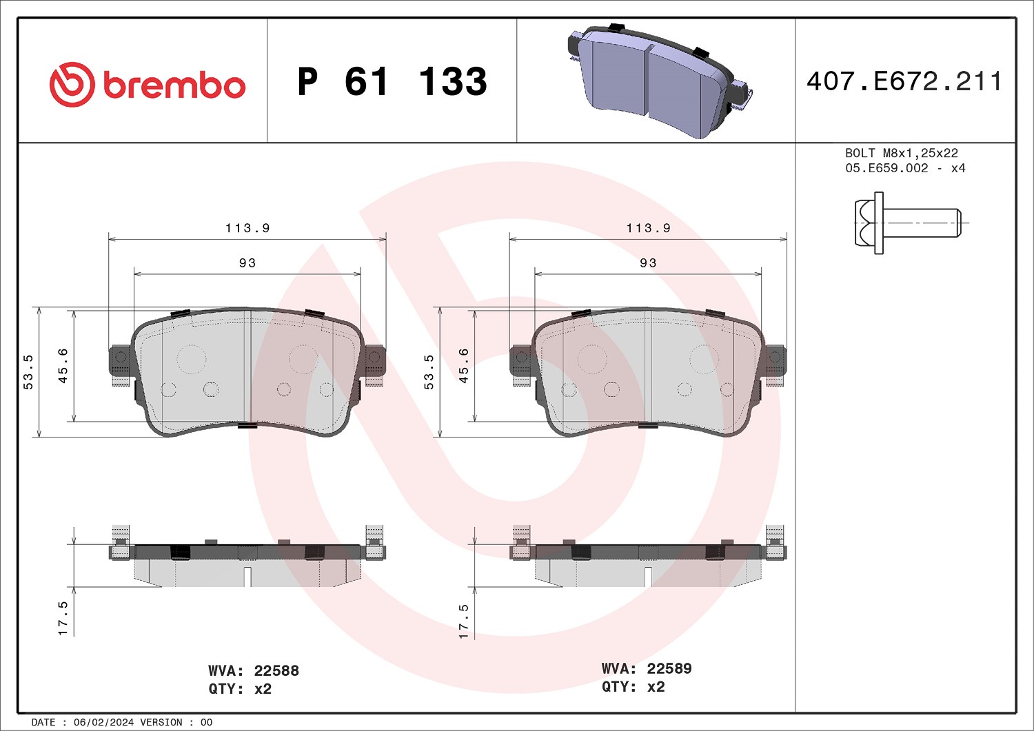 Brembo Bremsbelagsatz, Scheibenbremse [Hersteller-Nr. P61133] für Peugeot, Opel, Vauxhall, Fiat, Toyota, Citroën