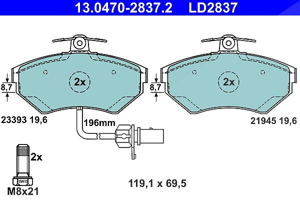 Ate CERAMIC Bremsbelagsatz mit Warnkontakt vorne [Hersteller-Nr. 13.0470-2837.2] für VW, Audi, Seat