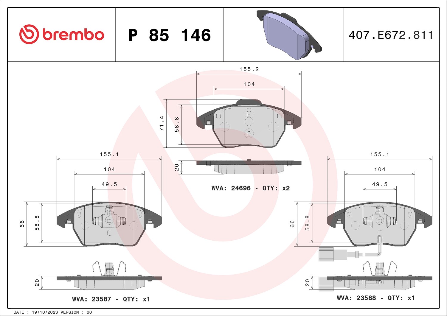 Brembo Bremsbelagsatz, Scheibenbremse [Hersteller-Nr. P85146X] für Audi, VW, Seat, Skoda