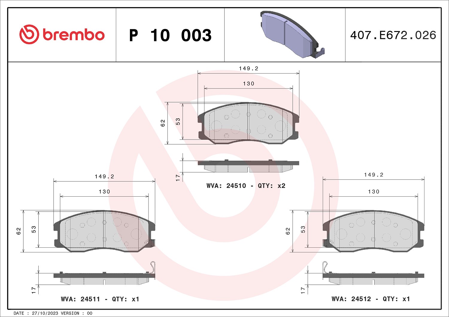 Brembo Bremsbelagsatz, Scheibenbremse [Hersteller-Nr. P10003] für Opel, Chevrolet, Saturn, Pontiac, Vauxhall