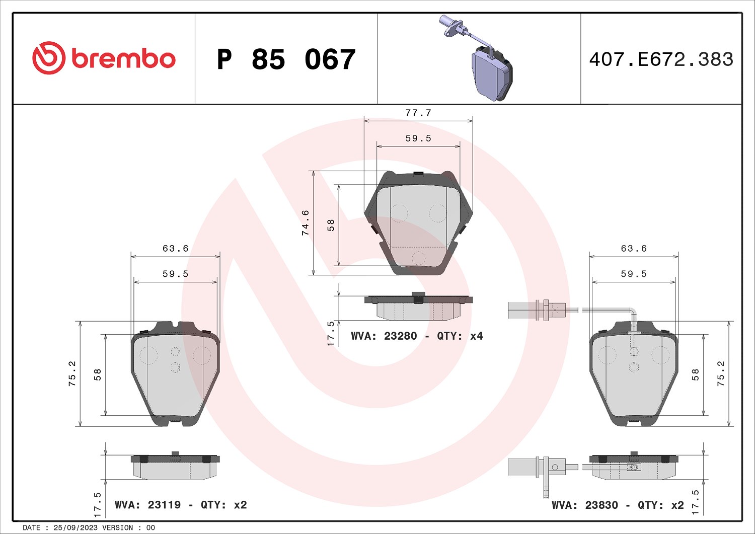 Brembo Bremsbelagsatz, Scheibenbremse [Hersteller-Nr. P85067] für VW, Audi