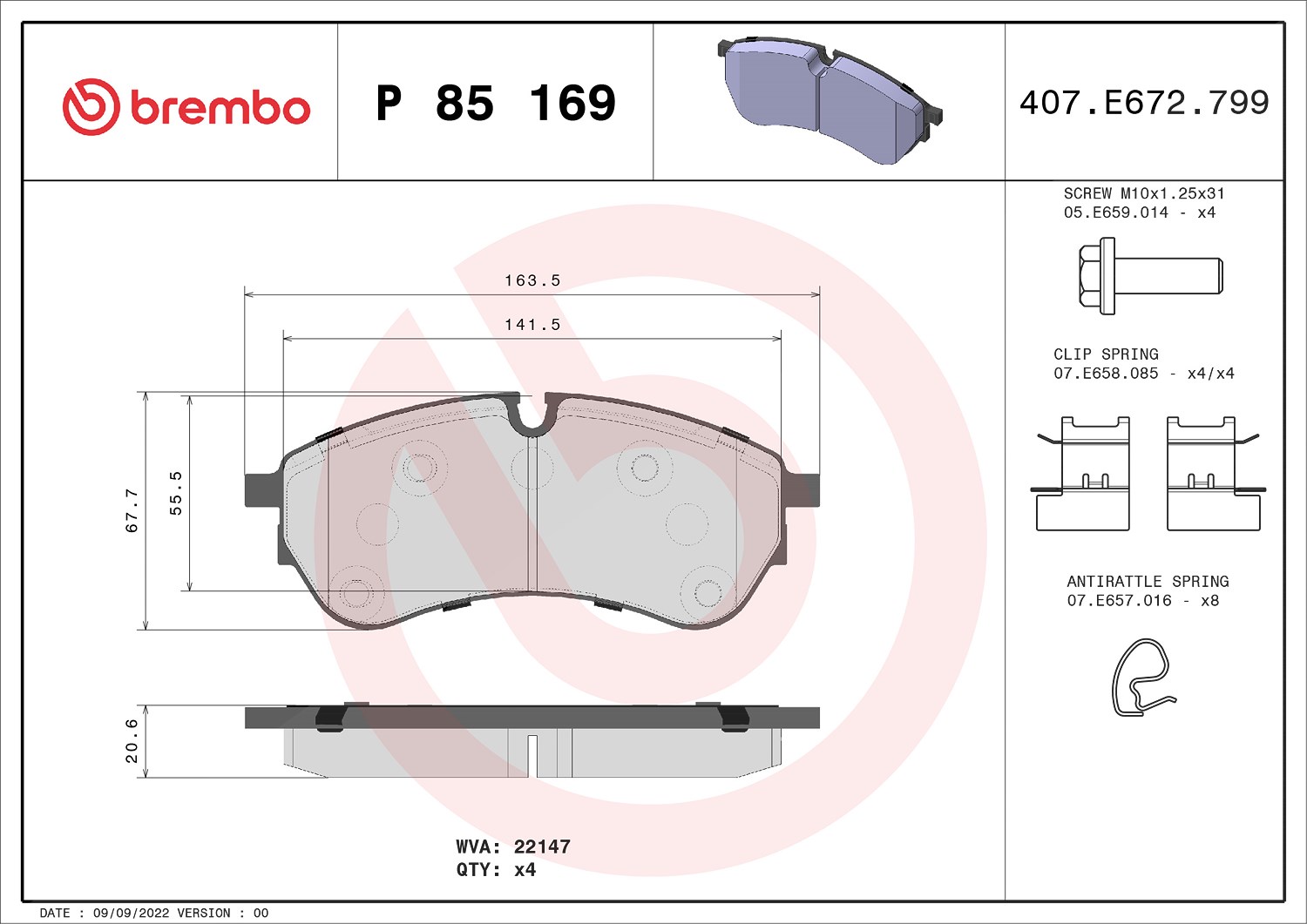 Brembo Bremsbelagsatz, Scheibenbremse [Hersteller-Nr. P85169] für Man, VW