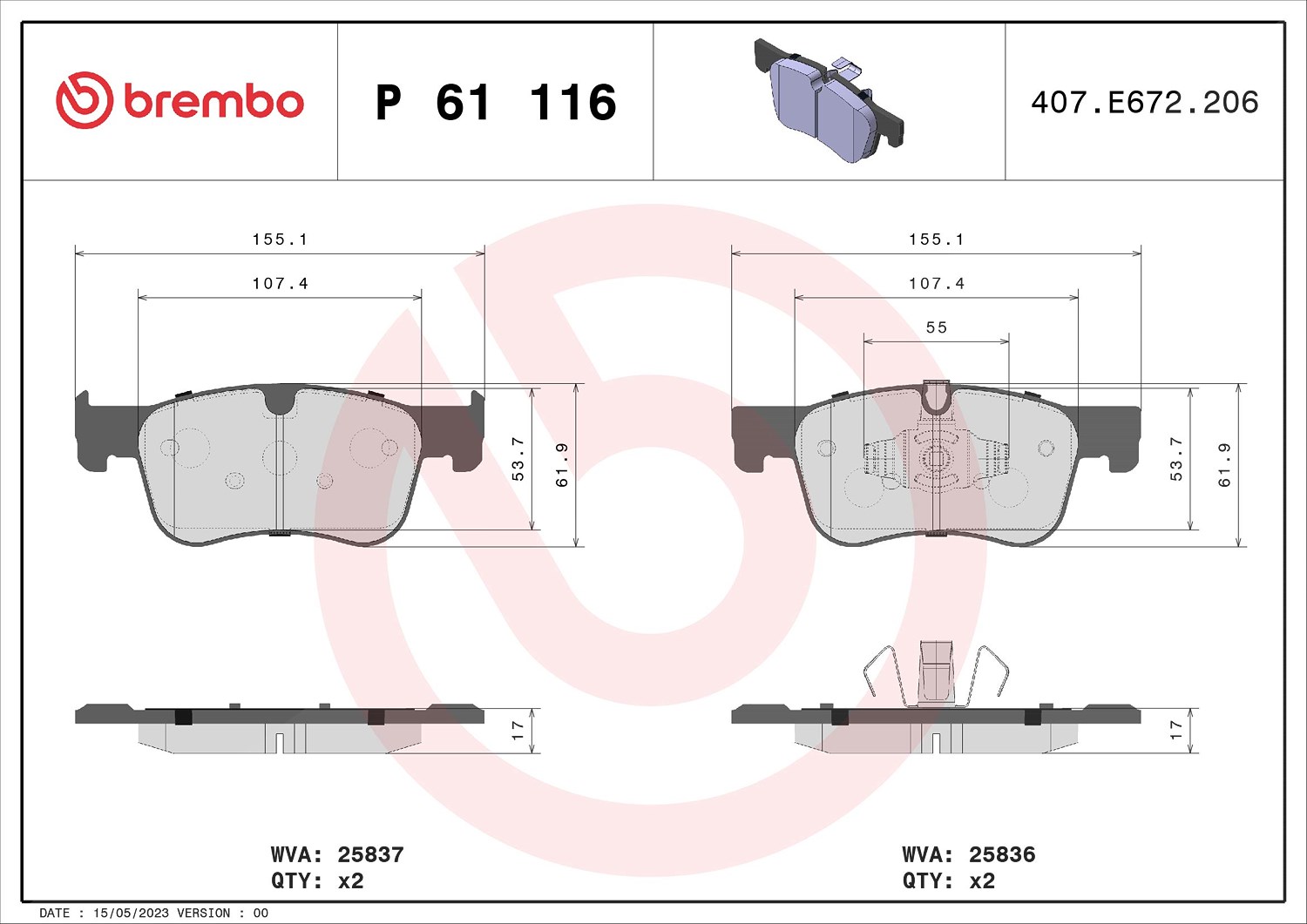 Brembo Bremsbeläge vorne (Satz) [Hersteller-Nr. P61116] für Citroën, Toyota, Fiat, Vauxhall, Opel, Peugeot
