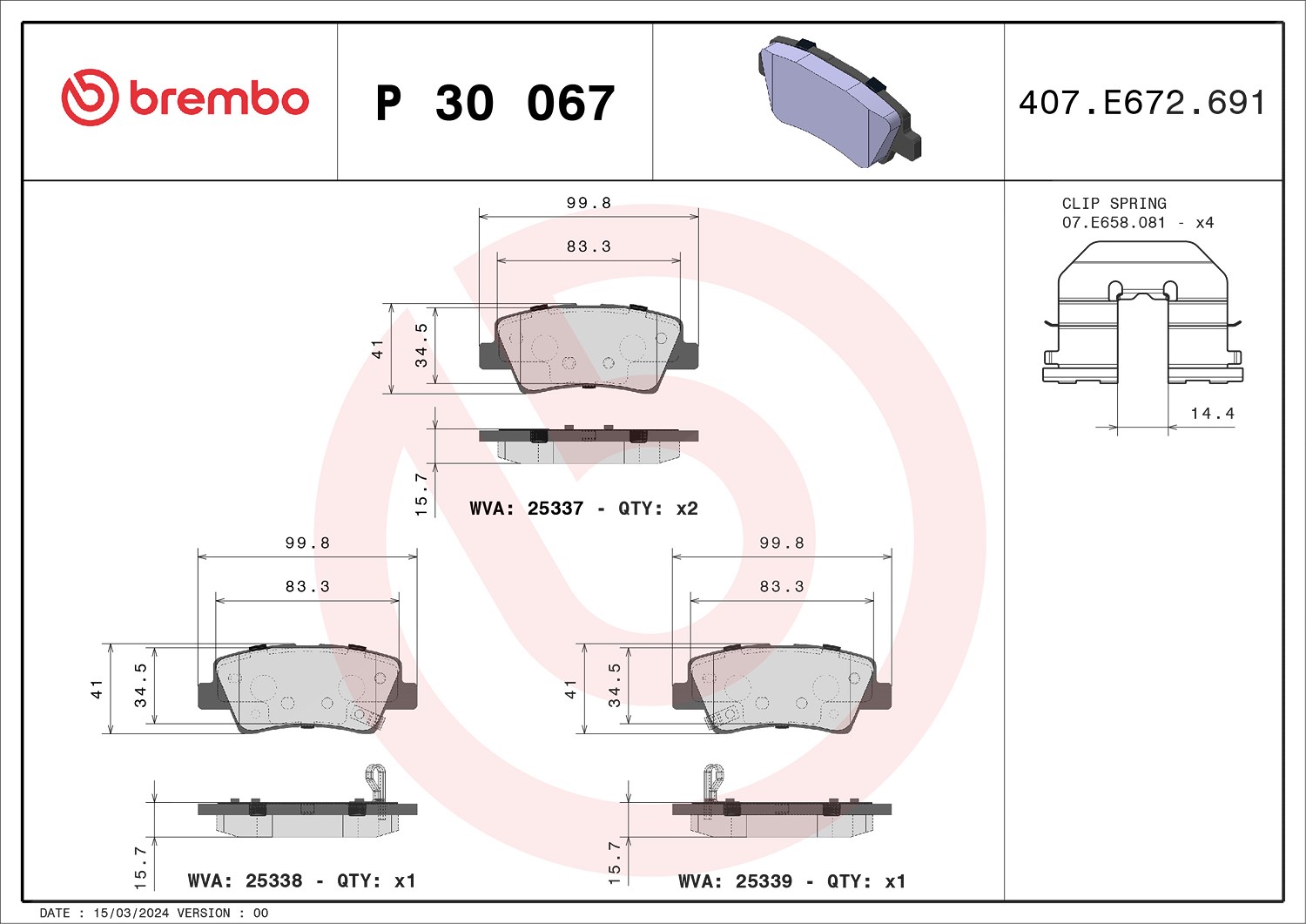 Brembo Bremsbeläge hinten (Satz) [Hersteller-Nr. P30067] für Kia, Ssangyong, Hyundai